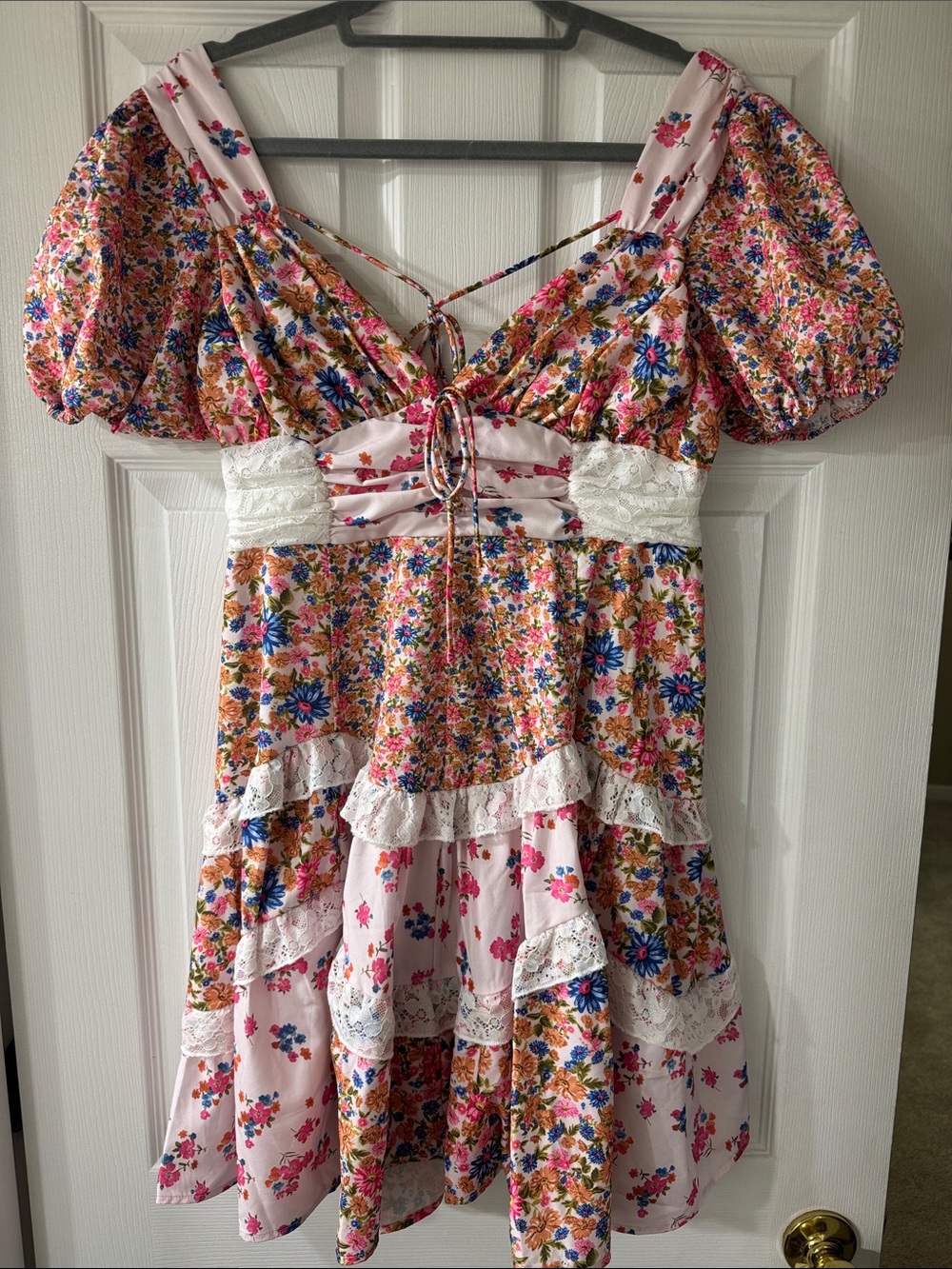 Floral Pink Asymmetrical Midi Dress with Puff Sleeves